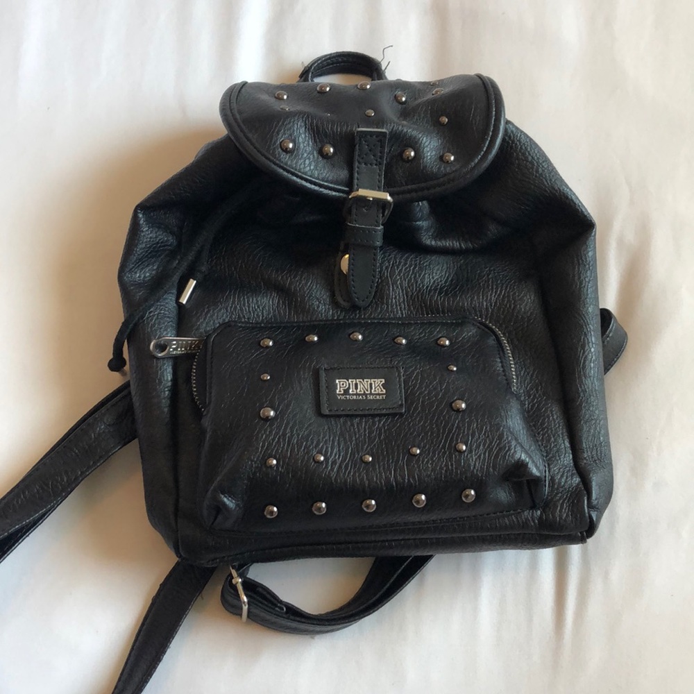 VS PINK black faux leather mini backpack